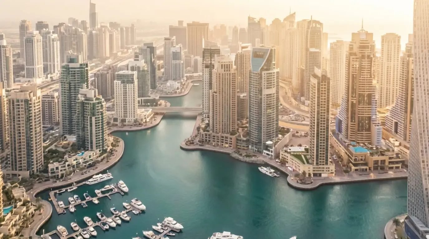 Aerial view of Dubai Marina at golden hour
